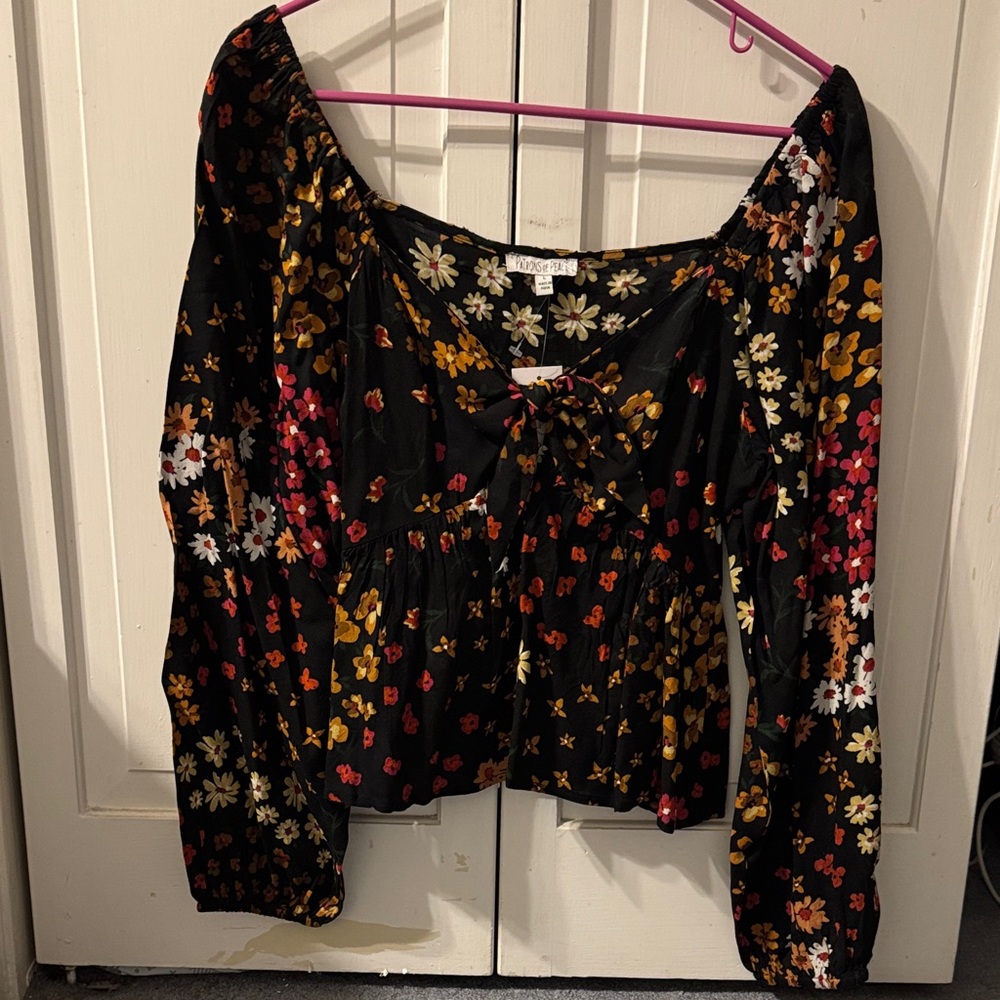 Patrons of Peace Black Floral Peasant Blouse with Yellow, Pink & White Flowers